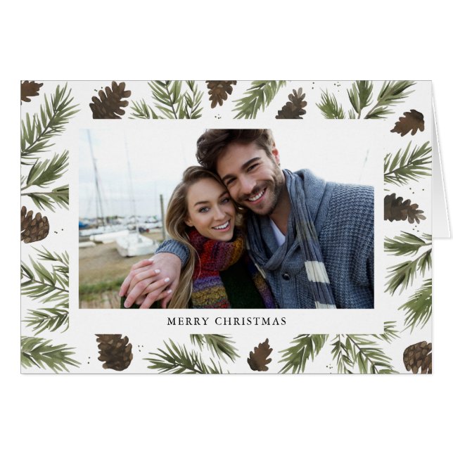 Brins de pin d'aquarelle, carte de voeux de photo (Devant horizontal)