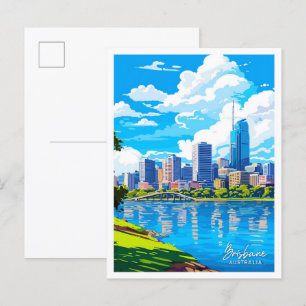 Brisbane Australia Travel Vintage Illustration Postcard