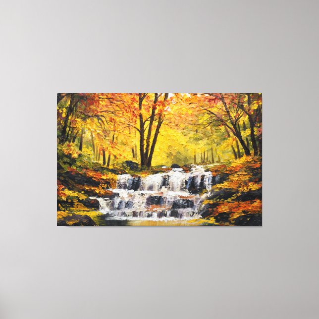 Brisk Autumn Waterfall Oil Paint Canvas Wall Art (Front)