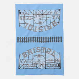 Bristol Slogan Sign with Tracks on Blue Kitchen Towel