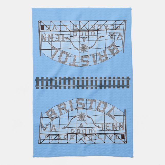 Bristol Slogan Sign with Tracks on Blue Kitchen Towel (Vertical)