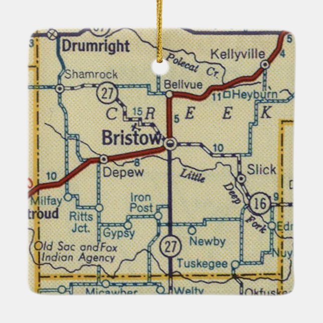 Bristow Oklahoma Retro Map Ceramic Ornament (Back)