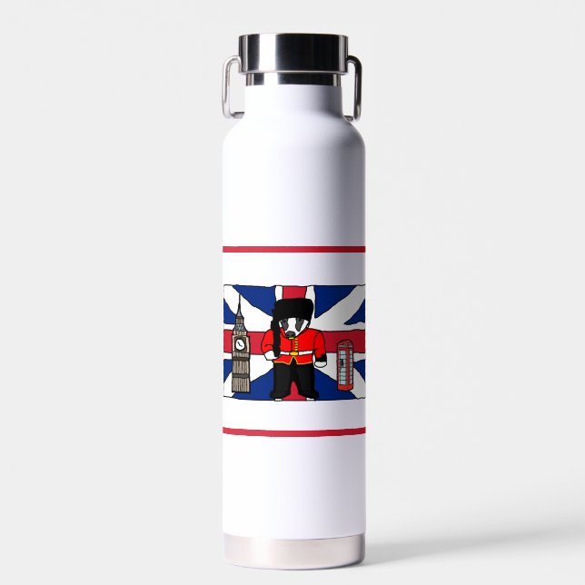 British Badger Cartoon with Big Ben and Flag Water Bottle (Front)