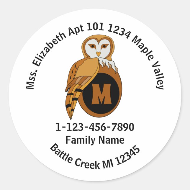 British Barn Owl Emergency Phone Home Address Classic Round Sticker (Front)
