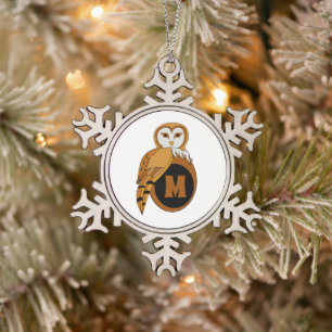 British Barn Owl Mother Nesting on a Monogram Egg Snowflake Pewter Christmas Ornament