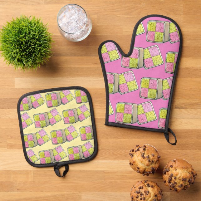 British Battenberg Marzipan Sponge Cake UK Food Oven Mitt & Pot Holder Set (Top Down)
