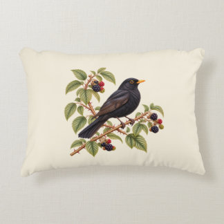 British Blackbird on Blackberry Branch Botanical Accent Pillow