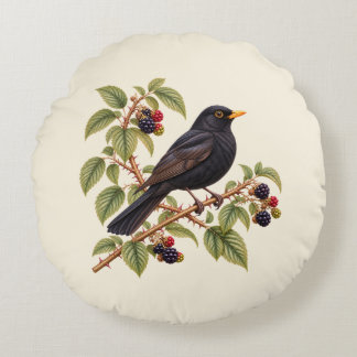 British Blackbird on Blackberry Branch Botanical Round Pillow