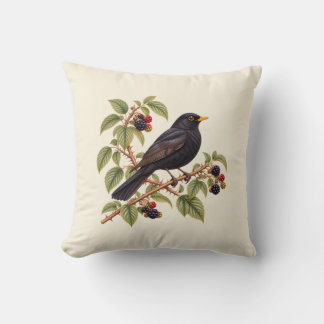 British Blackbird on Blackberry Branch Botanical Throw Pillow