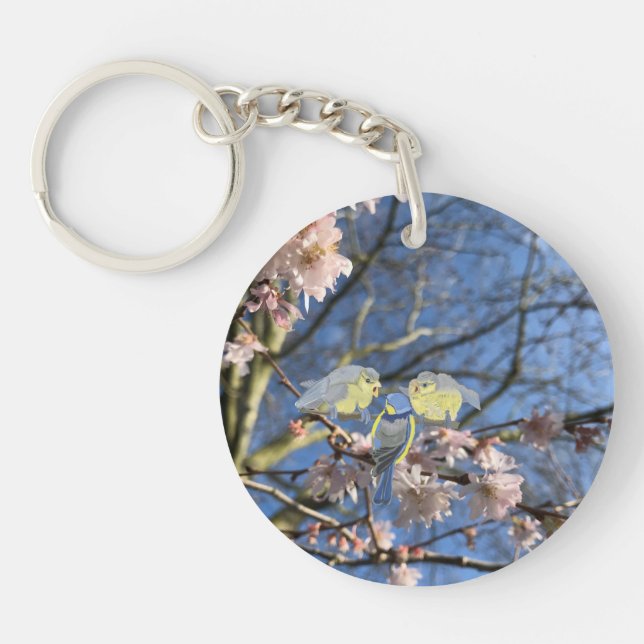 British Blue Chickadee Family against Pink Blossom Keychain (Front)