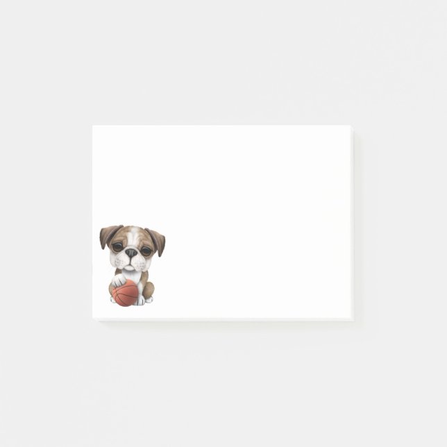 British Bulldog Puppy Playing With Basketball Post-it Notes (Front)