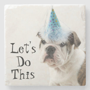 British Bulldog Puppy Wearing A Party Hat Stone Coaster
