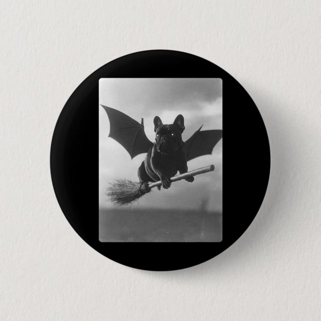British Bulldog Witch Broom Bat Wings Spooky 2 Inch Round Button (Front)