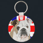 British Bulldog with Union Jack Keychain<br><div class="desc">This lovely colourful button keychain,  zip pull,   features my portrait of a British Bulldog,  against a red white and blue union Jack.  A lovely gift or stocking filler and ideal to keep your keys safe.</div>