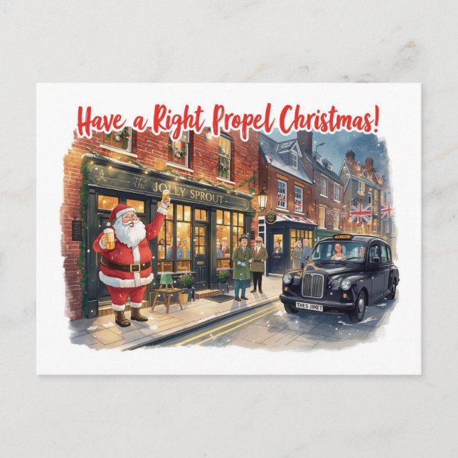 British Christmas Card with Santa Claus at Pub (Front)