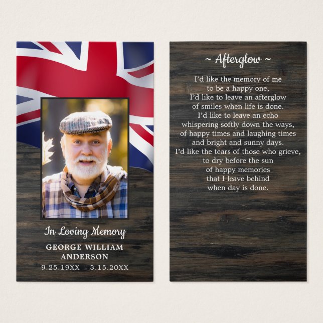 British Flag Memorial Photo Funeral Prayer Card (Front & Back)