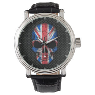 British Flag Skull on Steel Mesh Graphic Watch