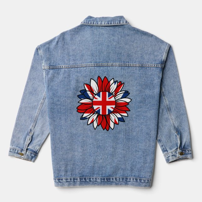 British Flag Sunflower Design Women's Denim Jacket (Back)