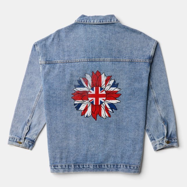 British Flag Sunflower Distressed Design Women's Denim Jacket (Back)