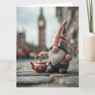 British Gnome with Union Jack Hat and Teapot  Card