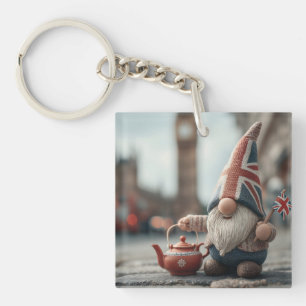 British Gnome with Union Jack Hat and Teapot Keychain