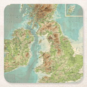British Isles bathyorographical map Square Paper Coaster