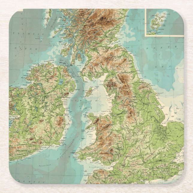 British Isles bathyorographical map Square Paper Coaster (Front)