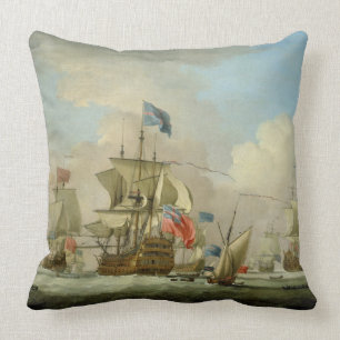 British Men-of-War and a Sloop, c.1720-30 (oil on Throw Pillow