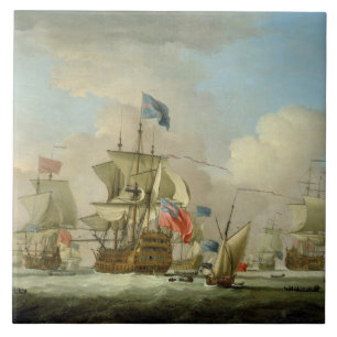 British Men-of-War and a Sloop, c.1720-30 (oil on Tile