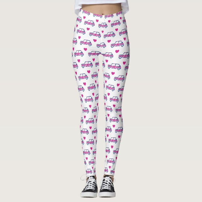 British Mini Cooper Hearts - Blue & Pink Leggings (Front)