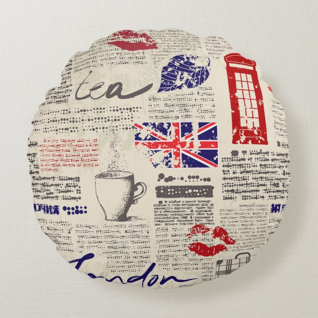 British newspaper pattern round pillow (Front)