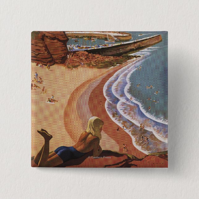British Railways Girl Looking over a Cliff 2 Inch Square Button (Front)