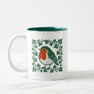British Robin Linocut Ivy Design Two-Tone Coffee Mug