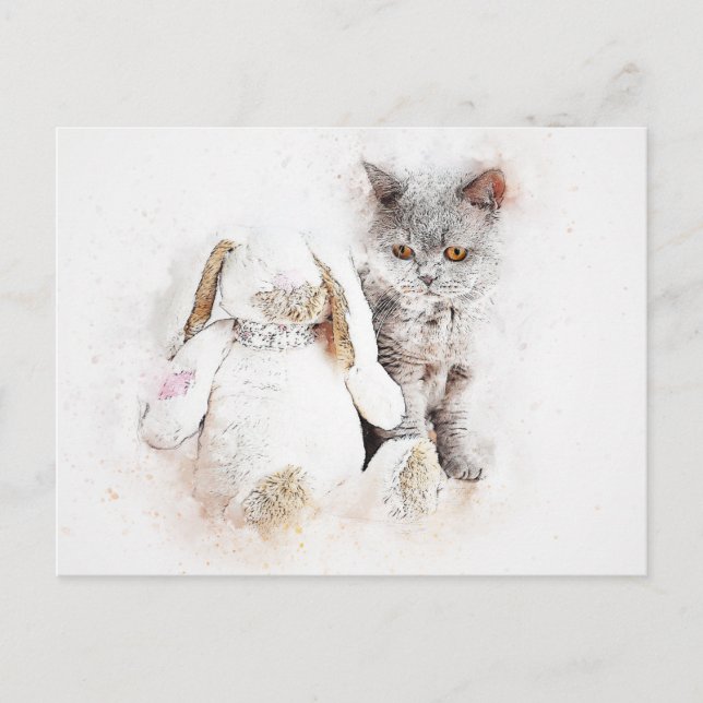 British Shorthair & Bunny | Abstract | Watercolor Postcard (Front)