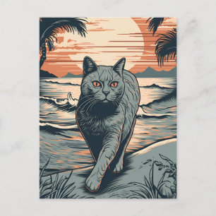 British Shorthair cat at a tropical beach Postcard
