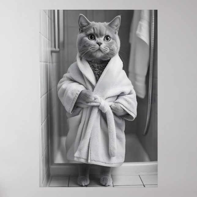 British Shorthair Cat Bathrobe Print, Funny Poster (Front)