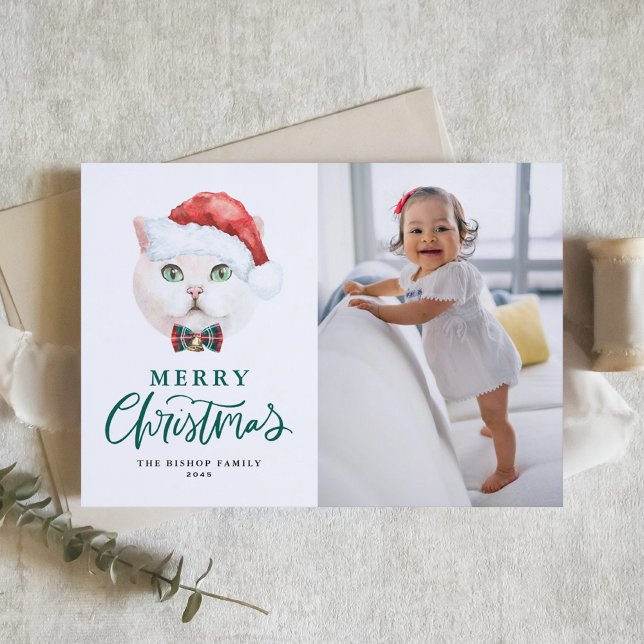 British Shorthair Cat Green Merry Christmas Photo Holiday Card (Creator Uploaded)
