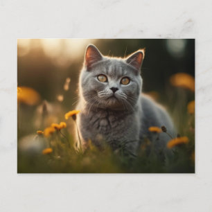 British Shorthair Cat in Flower Meadow Postcard