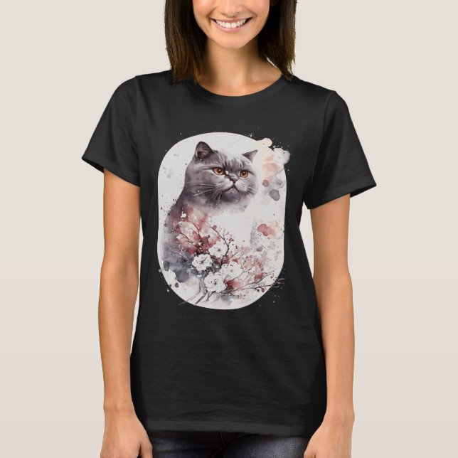 British Shorthair Cat Japanese Cherry Blossom Saku T-Shirt (Front)