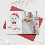 British Shorthair Cat Santa Red Photo Christmas Holiday Card<br><div class="desc">Merry Christmas! Send Christmas wishes to family and friends with a cat-themed Christmas photo card. It features a watercolor illustration of a cute white British shorthair cat with a Santa hat and tartan bow tie. Personalize by adding a photo, name and other details. This cat Christmas photo card is perfect...</div>