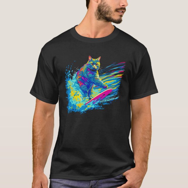 British Shorthair Cat Surfer T-Shirt (Front)