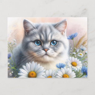 British Shorthair Floral Cat Portrait Postcard