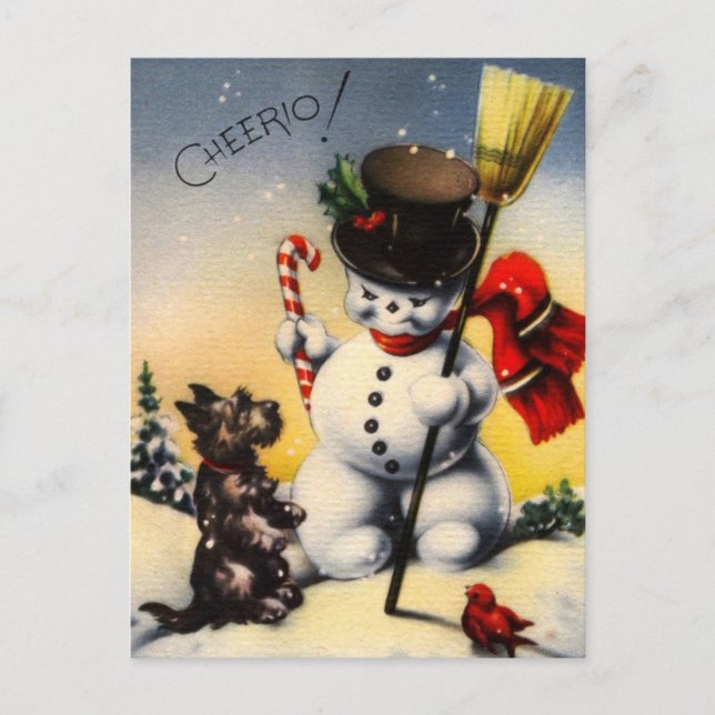 British Snowman and Scotty Dog Saying "Cheerio!" Holiday Postcard (Front)