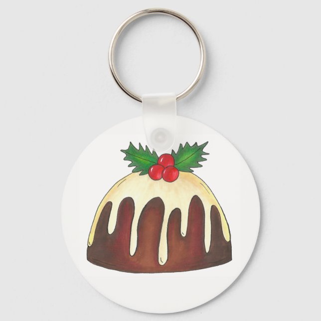 British Sugar Plum Pudding Christmas Holiday Holly Keychain (Front)