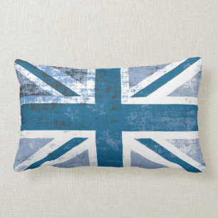 British UK Union Jack Flag in Grunge Blue Lumbar Pillow