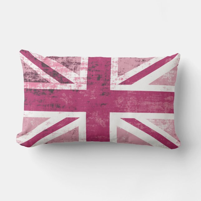 British UK Union Jack Flag in Grunge Pink Lumbar Pillow (Front)