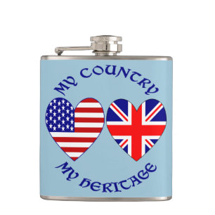 British USA Heart Flags Country Heritage Hip Flask