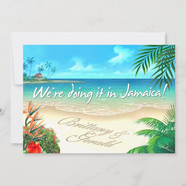 Brittany Beach Jamaican wedding get names in sand Invitation (Front)