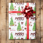 Brittany Dog, Bird and Christmas Tree Wrapping Paper<br><div class="desc">The repeated pattern on this cute Christmas wrapping paper is an image of a Brittany dog wearing a red and white Santa hat. The dog sits among brightly wrapped gift packages beside a decorated Christmas tree. A bullfinch bird is landing on the tree behind it. Stylized red and black buffalo...</div>