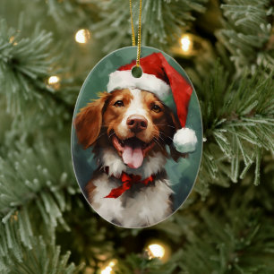 Brittany dog Christmas brush painting artwork Ceramic Ornament